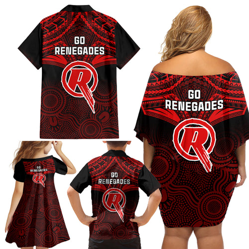 Melbourne Renegades Cricket Family Matching Off Shoulder Short Dress and Hawaiian Shirt 2023 Unique Indigenous Art Mix Polynesian Pattern LT14