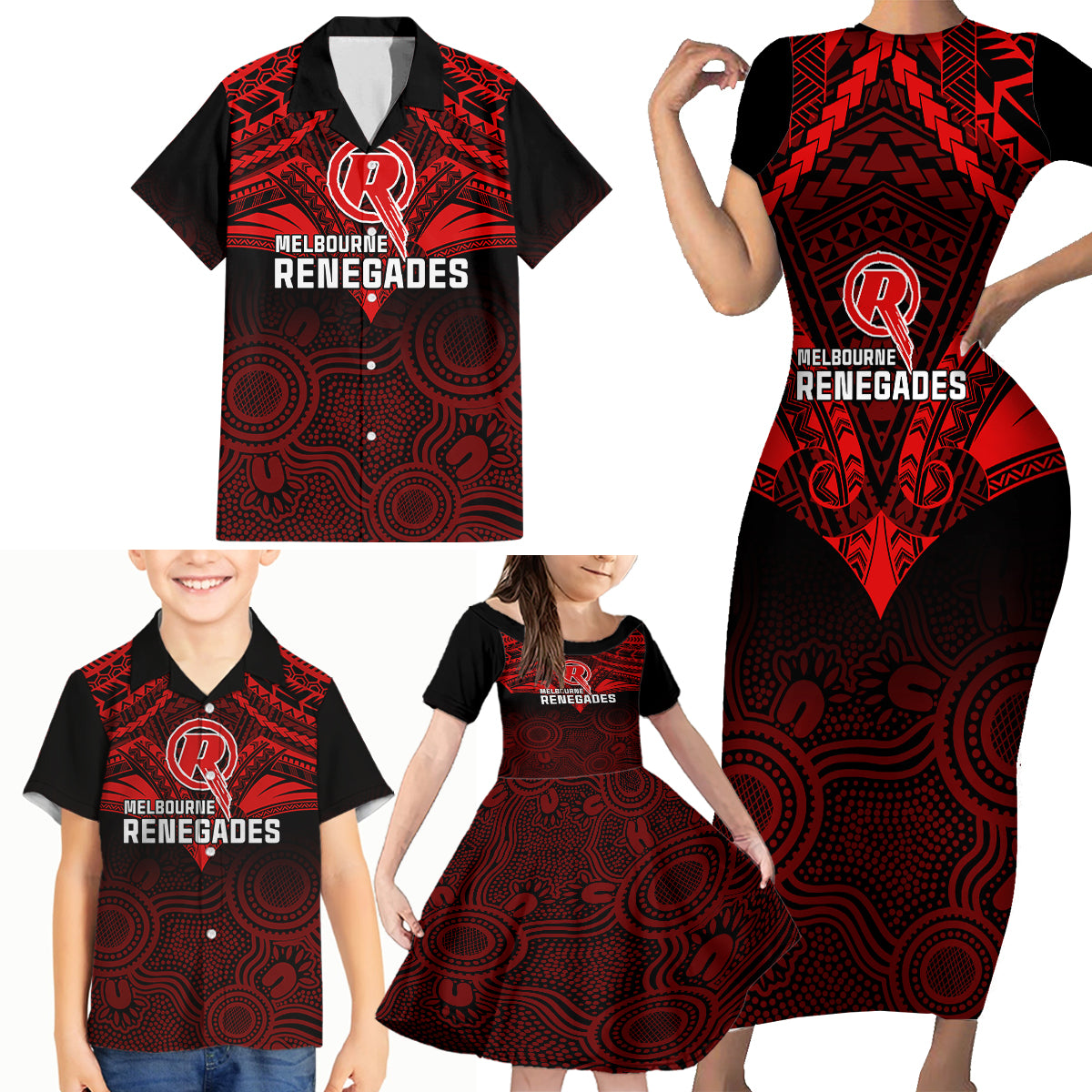 melbourne-renegades-cricket-family-matching-short-sleeve-bodycon-dress-and-hawaiian-shirt-2023-unique-indigenous-art-mix-polynesian-pattern
