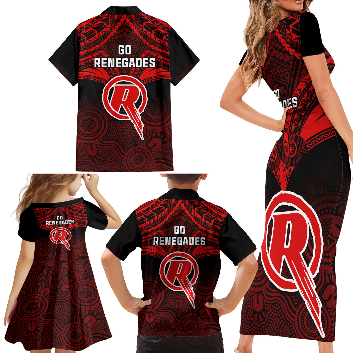 melbourne-renegades-cricket-family-matching-short-sleeve-bodycon-dress-and-hawaiian-shirt-2023-unique-indigenous-art-mix-polynesian-pattern