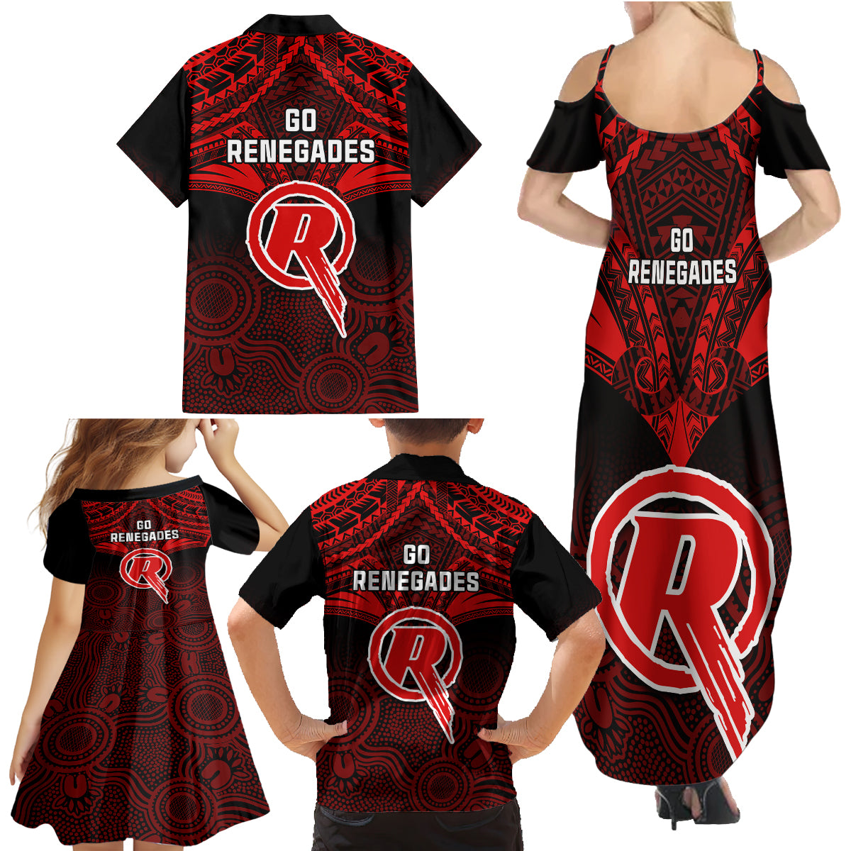 melbourne-renegades-cricket-family-matching-summer-maxi-dress-and-hawaiian-shirt-2023-unique-indigenous-art-mix-polynesian-pattern