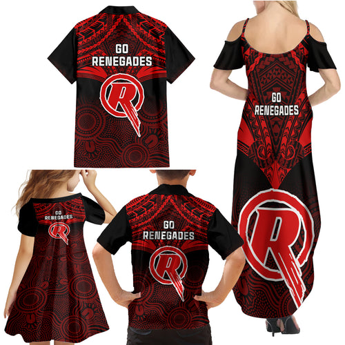 melbourne-renegades-cricket-family-matching-summer-maxi-dress-and-hawaiian-shirt-2023-unique-indigenous-art-mix-polynesian-pattern