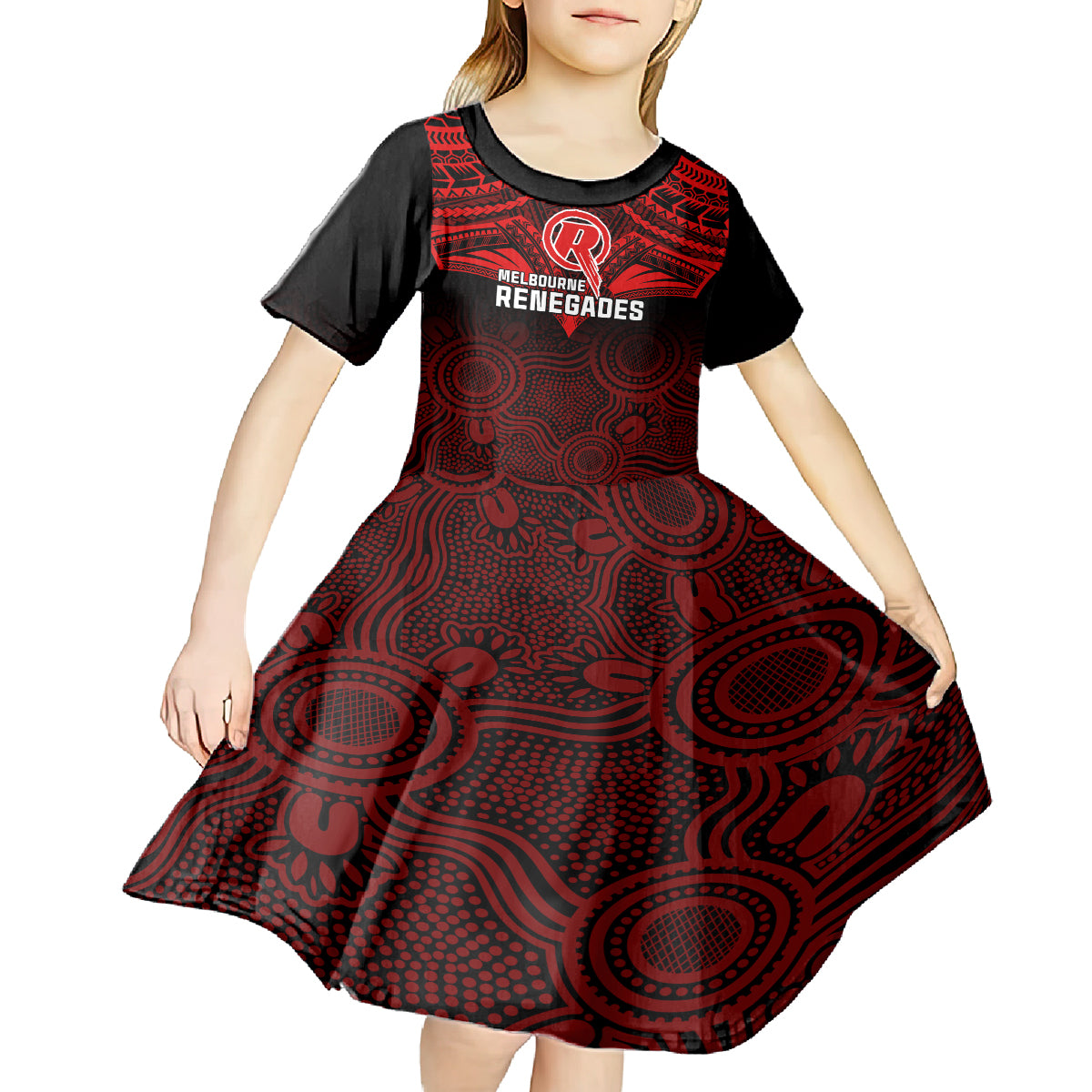 melbourne-renegades-cricket-kid-short-sleeve-dress-2023-unique-indigenous-art-mix-polynesian-pattern