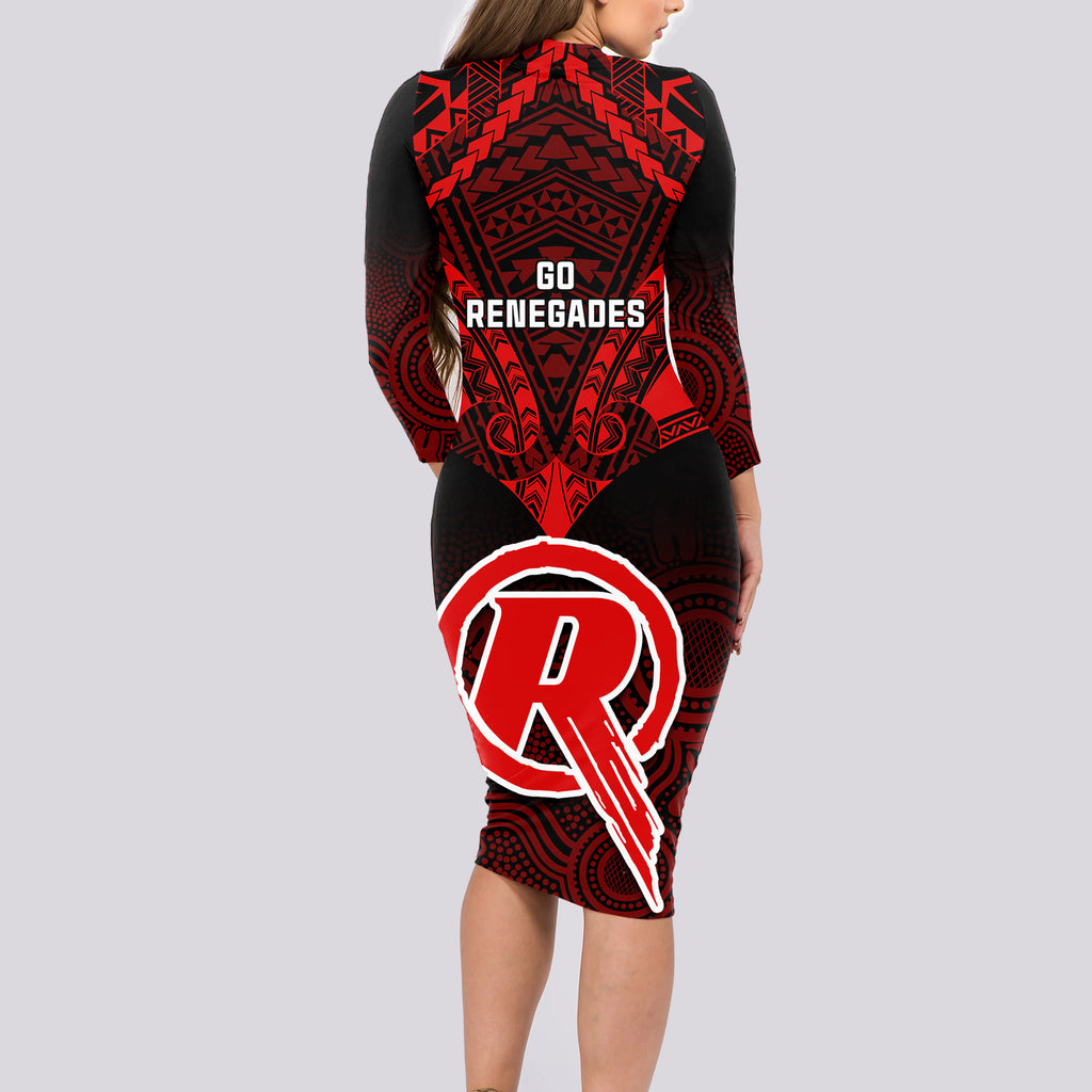 melbourne-renegades-cricket-long-sleeve-bodycon-dress-2023-unique-indigenous-art-mix-polynesian-pattern
