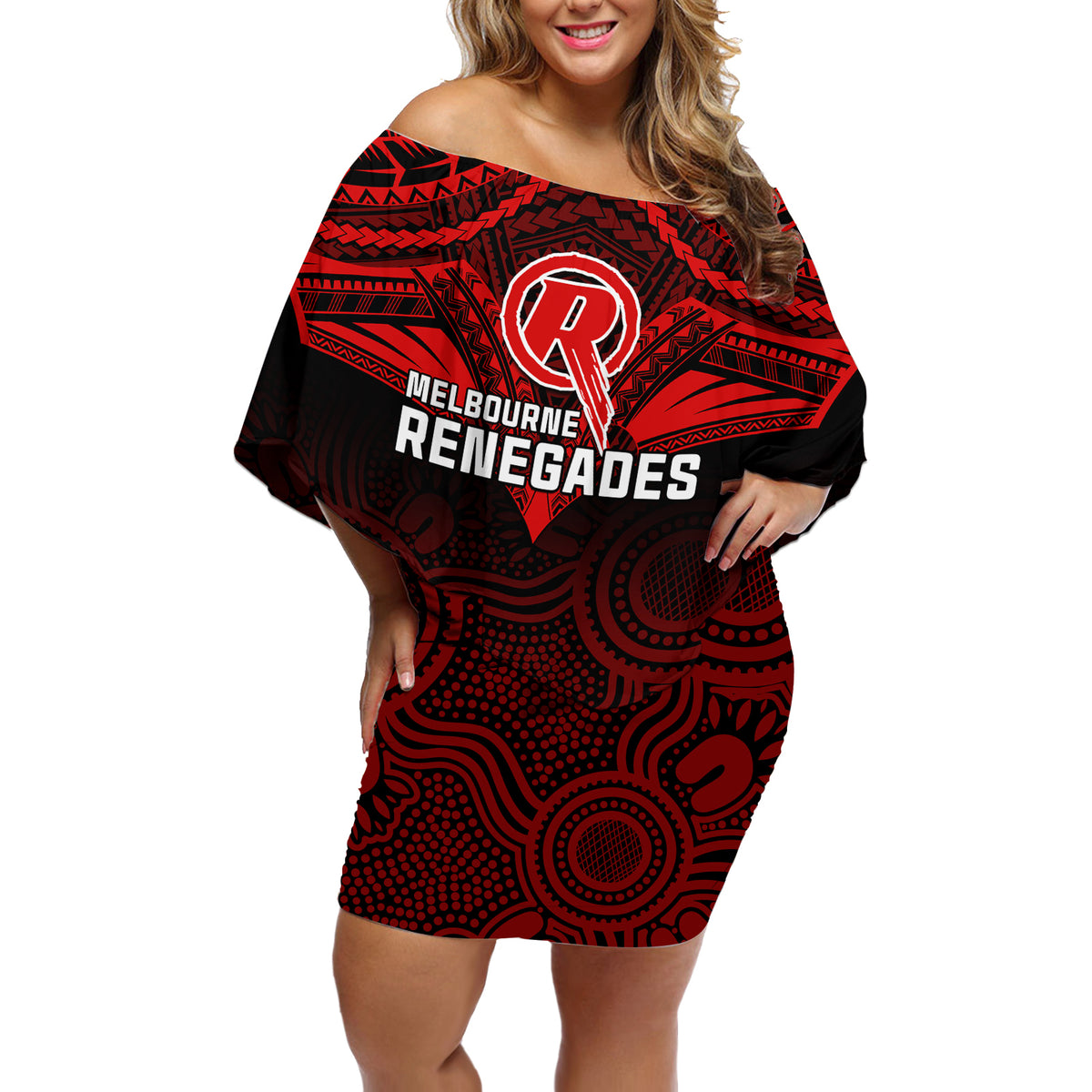melbourne-renegades-cricket-off-shoulder-short-dress-2023-unique-indigenous-art-mix-polynesian-pattern