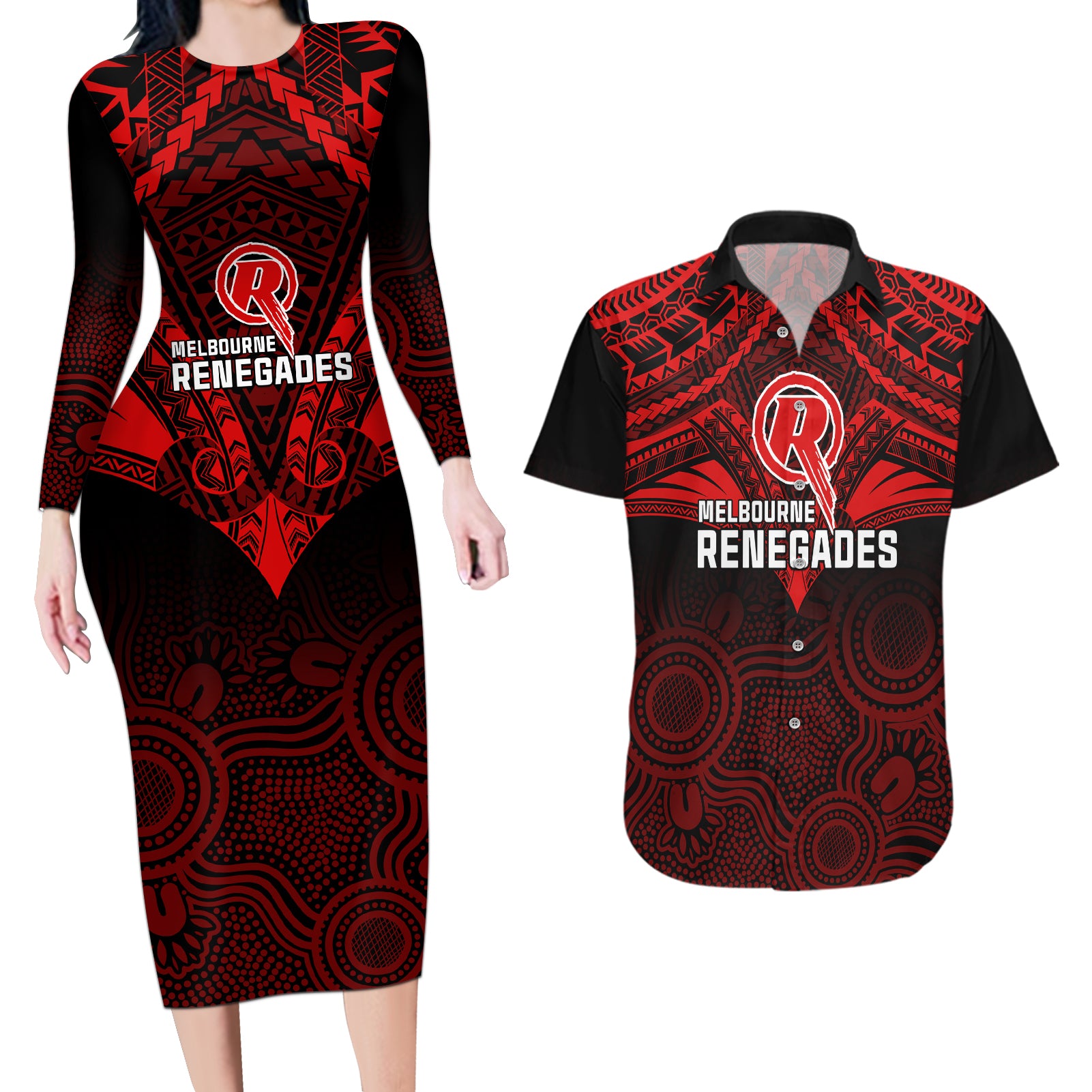 custom-melbourne-renegades-cricket-couples-matching-long-sleeve-bodycon-dress-and-hawaiian-shirt-2023-unique-indigenous-art-mix-polynesian-pattern