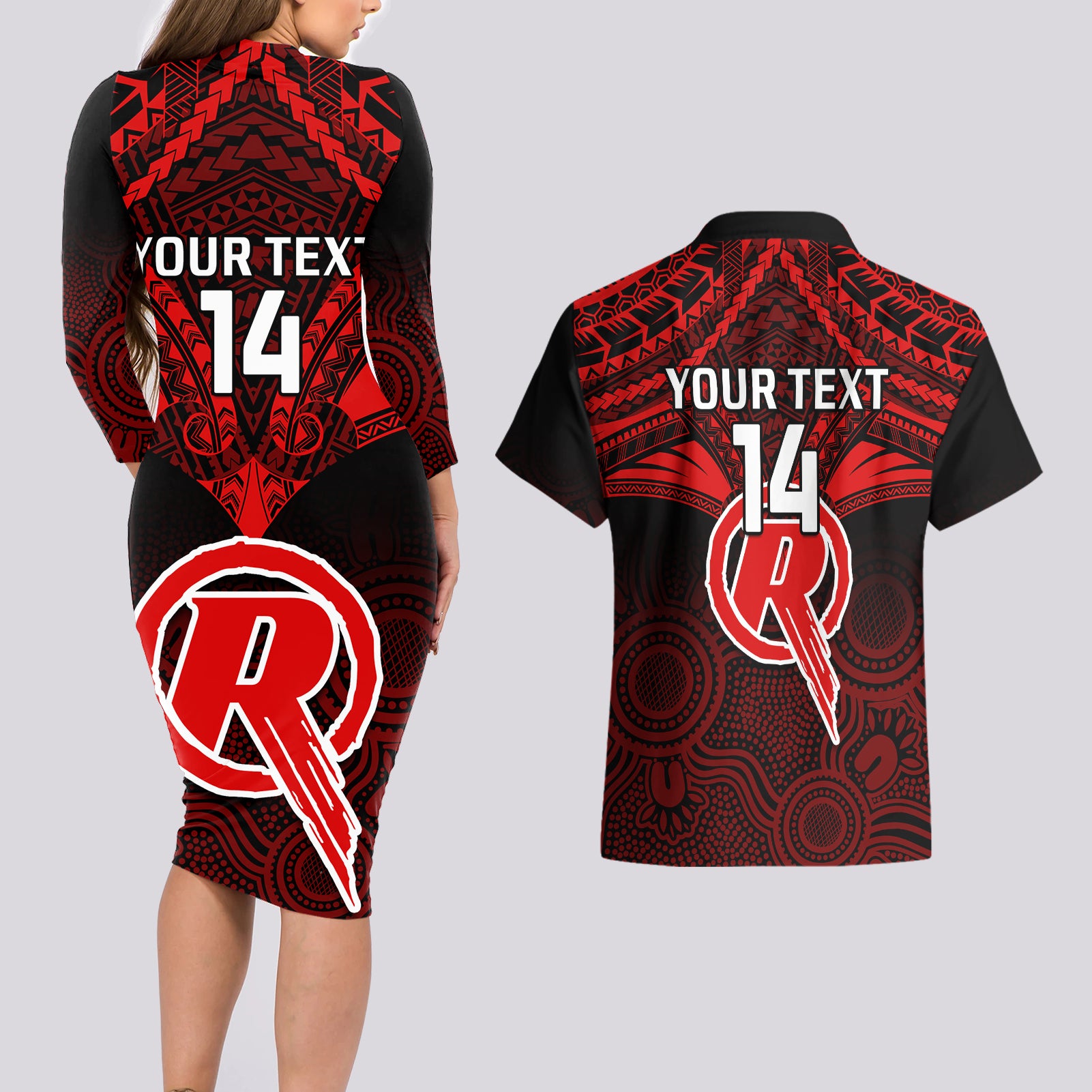 custom-melbourne-renegades-cricket-couples-matching-long-sleeve-bodycon-dress-and-hawaiian-shirt-2023-unique-indigenous-art-mix-polynesian-pattern