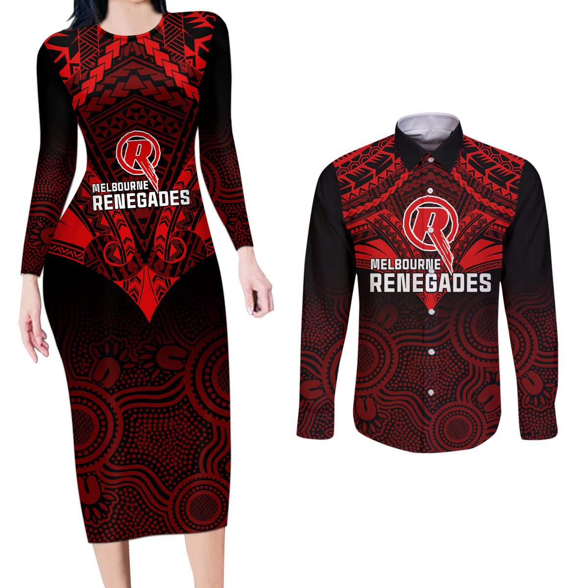 custom-melbourne-renegades-cricket-couples-matching-long-sleeve-bodycon-dress-and-long-sleeve-button-shirts-2023-unique-indigenous-art-mix-polynesian-pattern