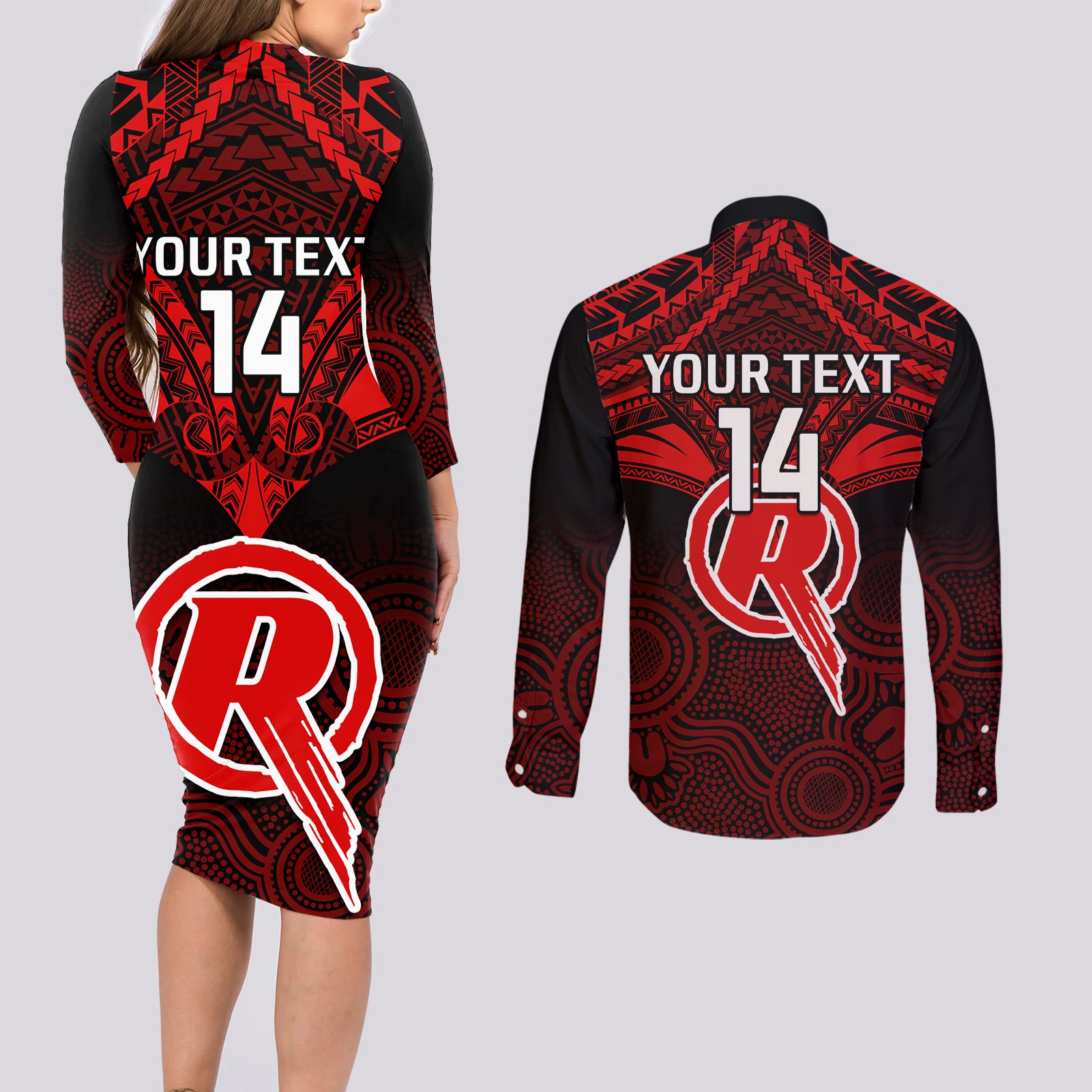 custom-melbourne-renegades-cricket-couples-matching-long-sleeve-bodycon-dress-and-long-sleeve-button-shirts-2023-unique-indigenous-art-mix-polynesian-pattern