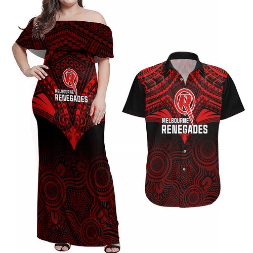 custom-melbourne-renegades-cricket-couples-matching-off-shoulder-maxi-dress-and-hawaiian-shirt-2023-unique-indigenous-art-mix-polynesian-pattern