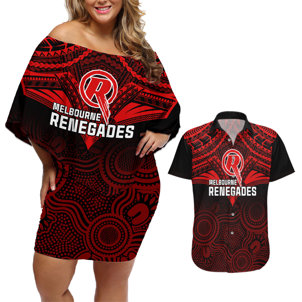custom-melbourne-renegades-cricket-couples-matching-off-shoulder-short-dress-and-hawaiian-shirt-2023-unique-indigenous-art-mix-polynesian-pattern