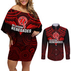 custom-melbourne-renegades-cricket-couples-matching-off-shoulder-short-dress-and-long-sleeve-button-shirts-2023-unique-indigenous-art-mix-polynesian-pattern