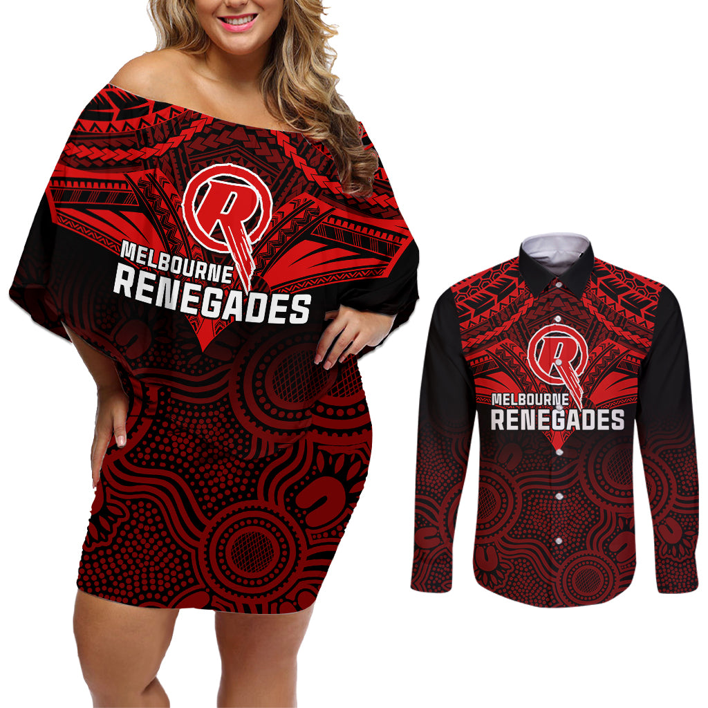 custom-melbourne-renegades-cricket-couples-matching-off-shoulder-short-dress-and-long-sleeve-button-shirts-2023-unique-indigenous-art-mix-polynesian-pattern