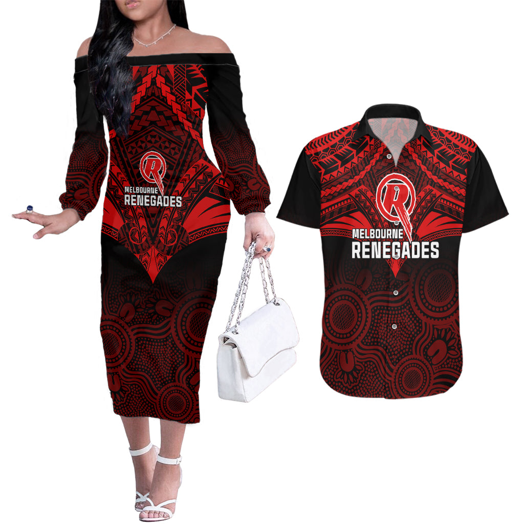 custom-melbourne-renegades-cricket-couples-matching-off-the-shoulder-long-sleeve-dress-and-hawaiian-shirt-2023-unique-indigenous-art-mix-polynesian-pattern