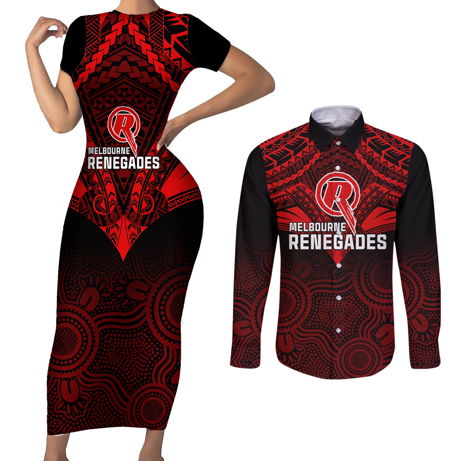 custom-melbourne-renegades-cricket-couples-matching-short-sleeve-bodycon-dress-and-long-sleeve-button-shirts-2023-unique-indigenous-art-mix-polynesian-pattern