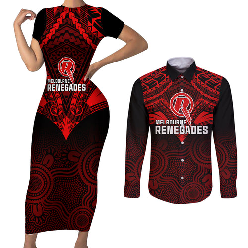 custom-melbourne-renegades-cricket-couples-matching-short-sleeve-bodycon-dress-and-long-sleeve-button-shirts-2023-unique-indigenous-art-mix-polynesian-pattern