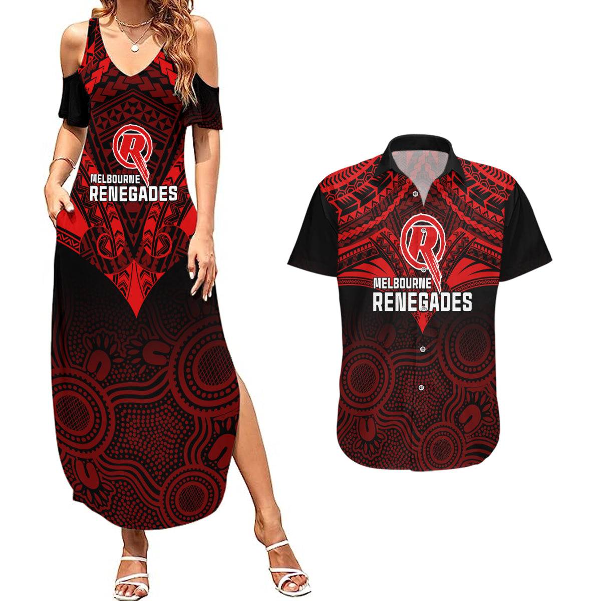 custom-melbourne-renegades-cricket-couples-matching-summer-maxi-dress-and-hawaiian-shirt-2023-unique-indigenous-art-mix-polynesian-pattern