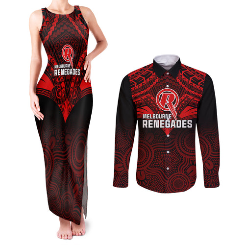 custom-melbourne-renegades-cricket-couples-matching-tank-maxi-dress-and-long-sleeve-button-shirts-2023-unique-indigenous-art-mix-polynesian-pattern