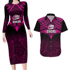 sydney-sixers-cricket-couples-matching-long-sleeve-bodycon-dress-and-hawaiian-shirt-2023-unique-indigenous-art-mix-polynesian-pattern