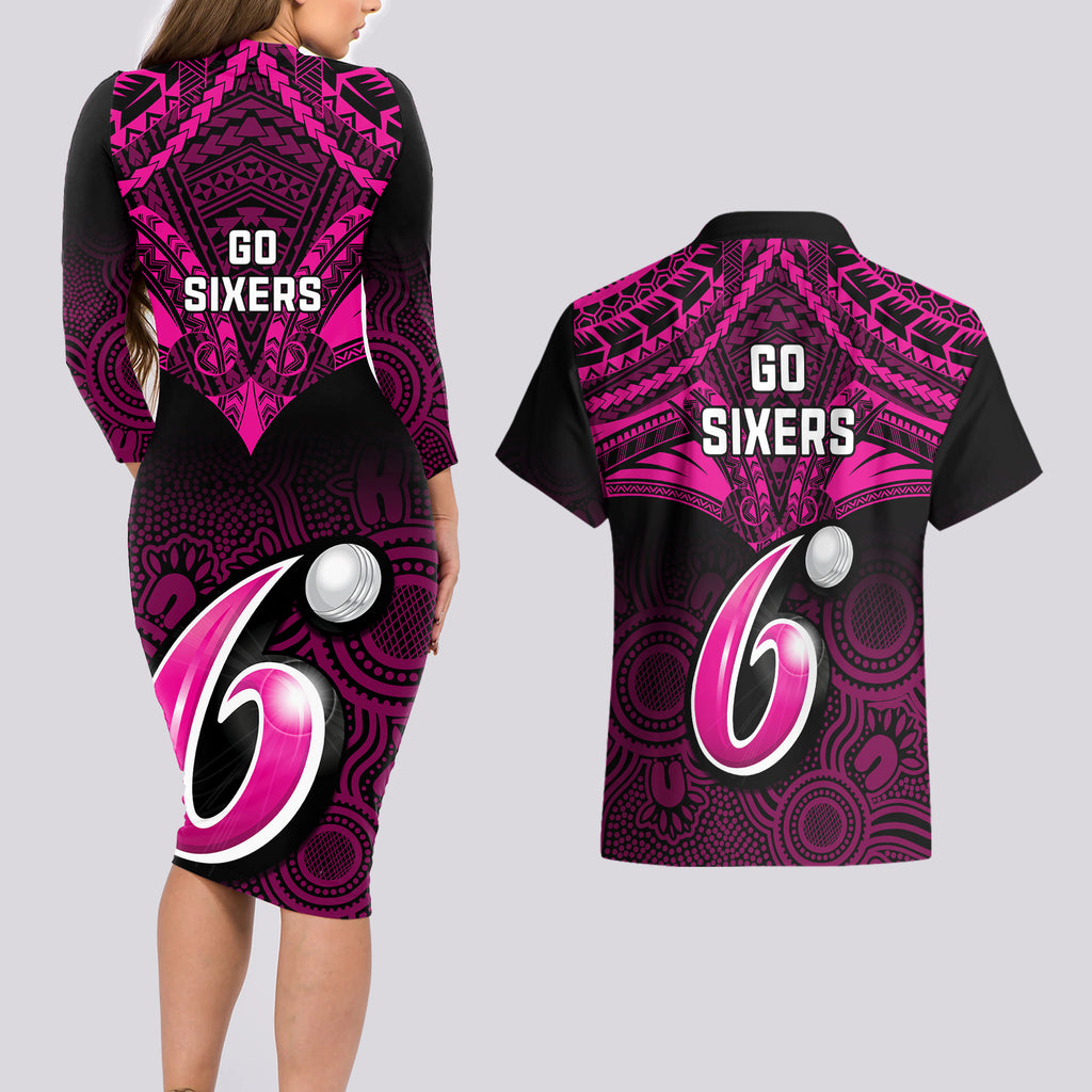 sydney-sixers-cricket-couples-matching-long-sleeve-bodycon-dress-and-hawaiian-shirt-2023-unique-indigenous-art-mix-polynesian-pattern