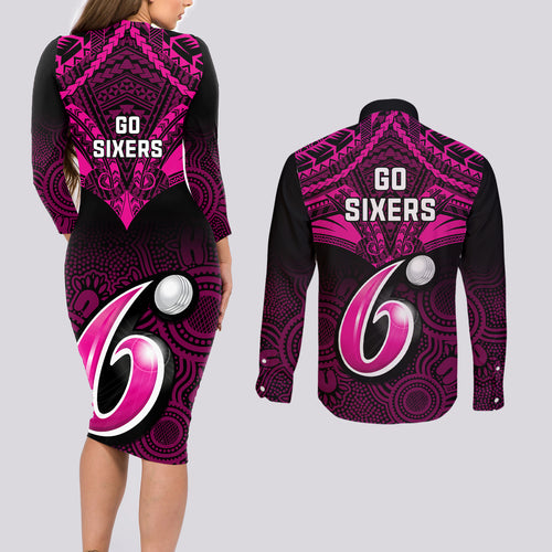 sydney-sixers-cricket-couples-matching-long-sleeve-bodycon-dress-and-long-sleeve-button-shirts-2023-unique-indigenous-art-mix-polynesian-pattern