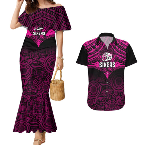 sydney-sixers-cricket-couples-matching-mermaid-dress-and-hawaiian-shirt-2023-unique-indigenous-art-mix-polynesian-pattern