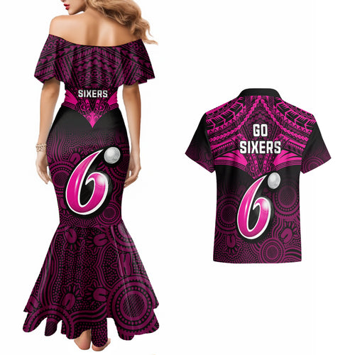 sydney-sixers-cricket-couples-matching-mermaid-dress-and-hawaiian-shirt-2023-unique-indigenous-art-mix-polynesian-pattern