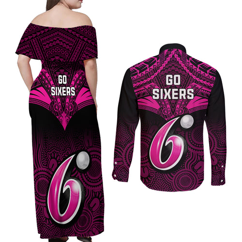sydney-sixers-cricket-couples-matching-off-shoulder-maxi-dress-and-long-sleeve-button-shirts-2023-unique-indigenous-art-mix-polynesian-pattern