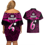 sydney-sixers-cricket-couples-matching-off-shoulder-short-dress-and-hawaiian-shirt-2023-unique-indigenous-art-mix-polynesian-pattern