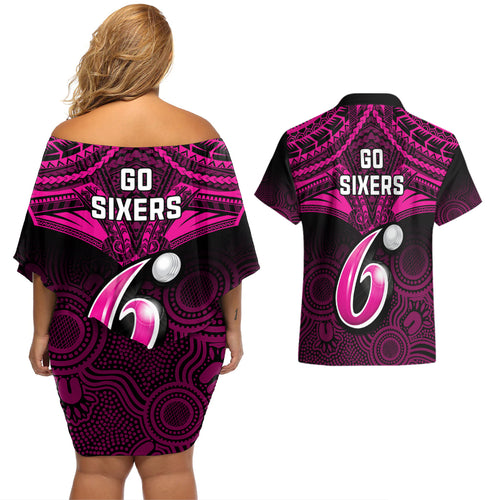 sydney-sixers-cricket-couples-matching-off-shoulder-short-dress-and-hawaiian-shirt-2023-unique-indigenous-art-mix-polynesian-pattern
