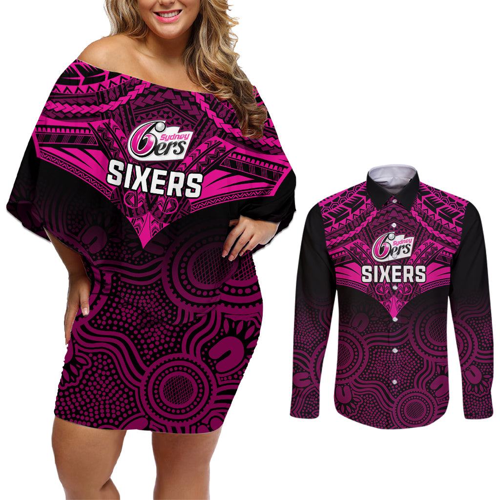 sydney-sixers-cricket-couples-matching-off-shoulder-short-dress-and-long-sleeve-button-shirts-2023-unique-indigenous-art-mix-polynesian-pattern