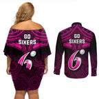 sydney-sixers-cricket-couples-matching-off-shoulder-short-dress-and-long-sleeve-button-shirts-2023-unique-indigenous-art-mix-polynesian-pattern
