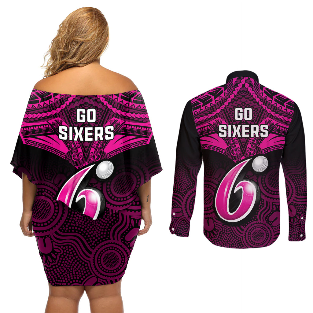 sydney-sixers-cricket-couples-matching-off-shoulder-short-dress-and-long-sleeve-button-shirts-2023-unique-indigenous-art-mix-polynesian-pattern