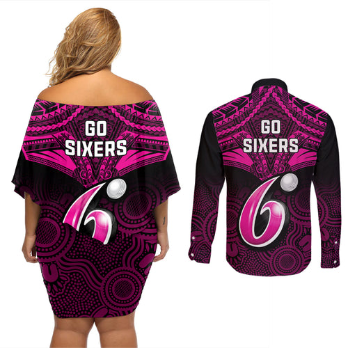 sydney-sixers-cricket-couples-matching-off-shoulder-short-dress-and-long-sleeve-button-shirts-2023-unique-indigenous-art-mix-polynesian-pattern