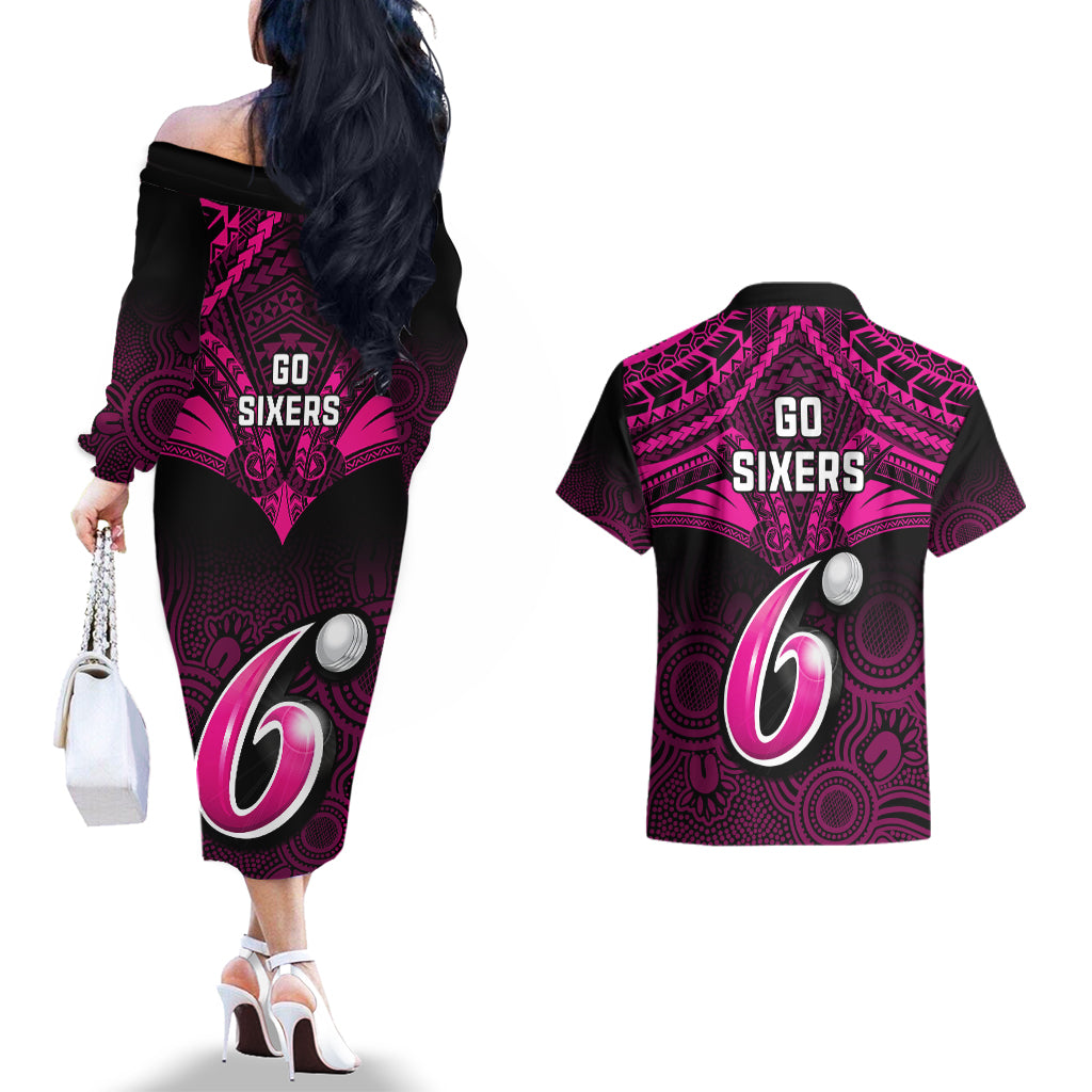 sydney-sixers-cricket-couples-matching-off-the-shoulder-long-sleeve-dress-and-hawaiian-shirt-2023-unique-indigenous-art-mix-polynesian-pattern
