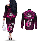 sydney-sixers-cricket-couples-matching-off-the-shoulder-long-sleeve-dress-and-long-sleeve-button-shirts-2023-unique-indigenous-art-mix-polynesian-pattern
