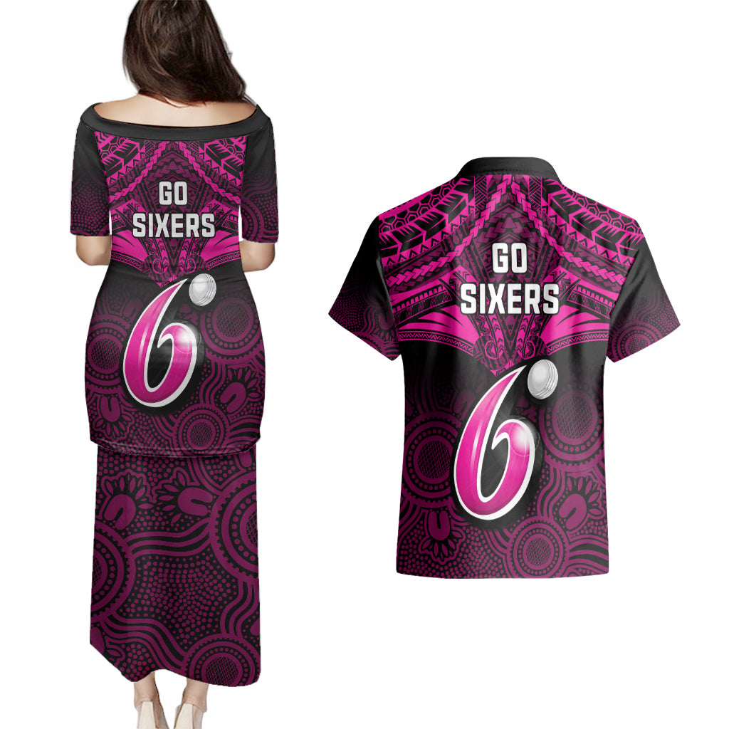 sydney-sixers-cricket-couples-matching-puletasi-dress-and-hawaiian-shirt-2023-unique-indigenous-art-mix-polynesian-pattern