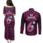 sydney-sixers-cricket-couples-matching-puletasi-dress-and-long-sleeve-button-shirts-2023-unique-indigenous-art-mix-polynesian-pattern
