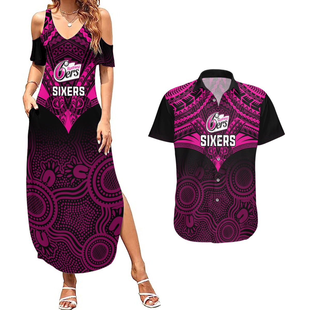 sydney-sixers-cricket-couples-matching-summer-maxi-dress-and-hawaiian-shirt-2023-unique-indigenous-art-mix-polynesian-pattern