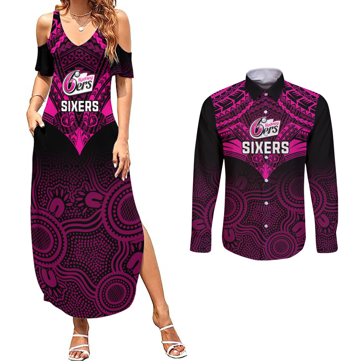sydney-sixers-cricket-couples-matching-summer-maxi-dress-and-long-sleeve-button-shirts-2023-unique-indigenous-art-mix-polynesian-pattern