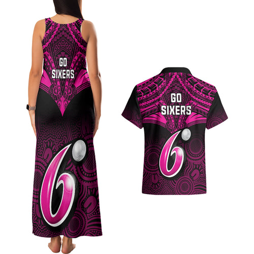 sydney-sixers-cricket-couples-matching-tank-maxi-dress-and-hawaiian-shirt-2023-unique-indigenous-art-mix-polynesian-pattern