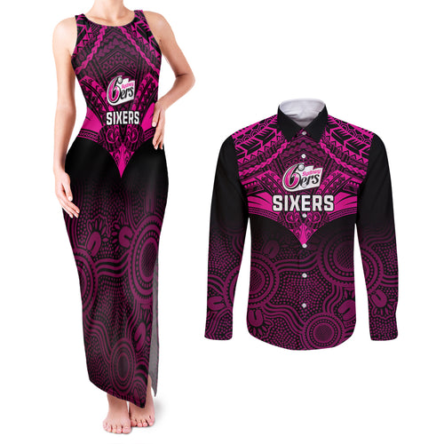 sydney-sixers-cricket-couples-matching-tank-maxi-dress-and-long-sleeve-button-shirts-2023-unique-indigenous-art-mix-polynesian-pattern