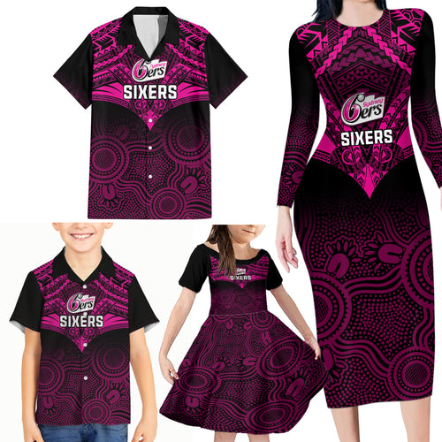 sydney-sixers-cricket-family-matching-long-sleeve-bodycon-dress-and-hawaiian-shirt-2023-unique-indigenous-art-mix-polynesian-pattern