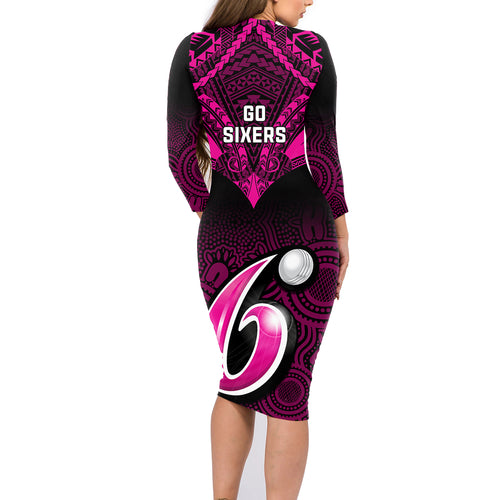 sydney-sixers-cricket-family-matching-long-sleeve-bodycon-dress-and-hawaiian-shirt-2023-unique-indigenous-art-mix-polynesian-pattern