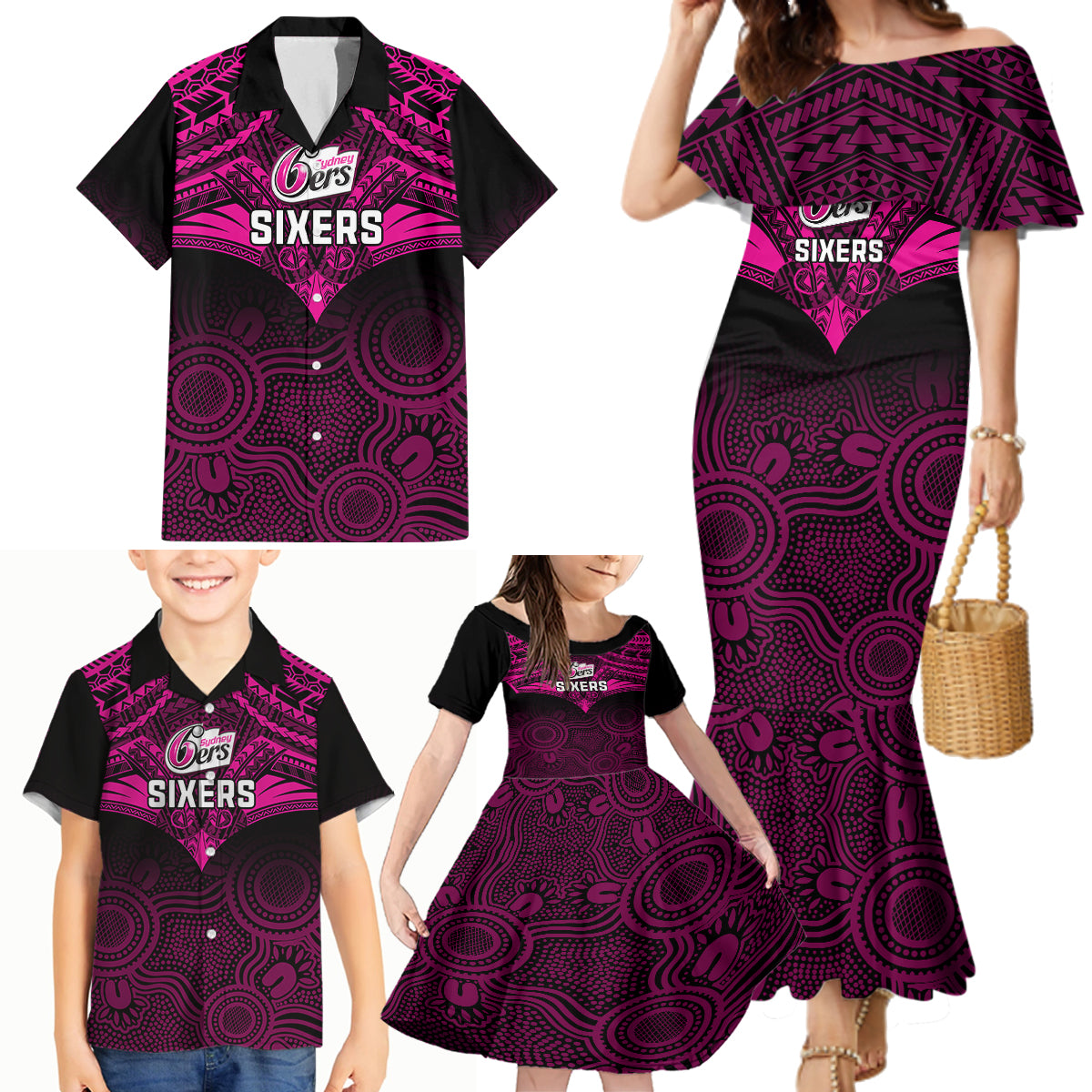 sydney-sixers-cricket-family-matching-mermaid-dress-and-hawaiian-shirt-2023-unique-indigenous-art-mix-polynesian-pattern