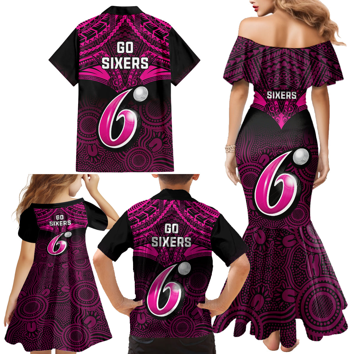 sydney-sixers-cricket-family-matching-mermaid-dress-and-hawaiian-shirt-2023-unique-indigenous-art-mix-polynesian-pattern