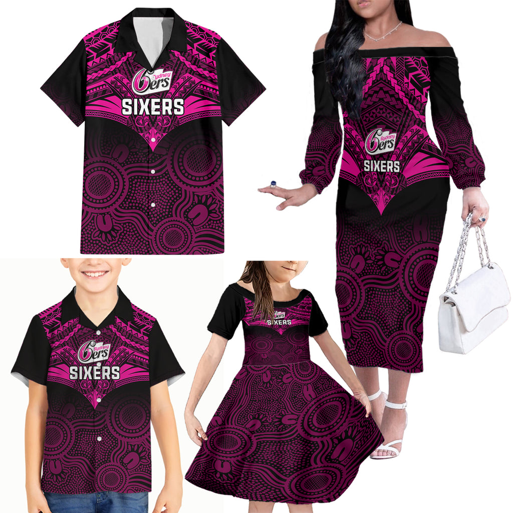 sydney-sixers-cricket-family-matching-off-shoulder-long-sleeve-dress-and-hawaiian-shirt-2023-unique-indigenous-art-mix-polynesian-pattern
