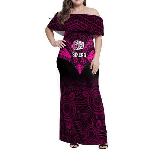 sydney-sixers-cricket-family-matching-off-shoulder-maxi-dress-and-hawaiian-shirt-2023-unique-indigenous-art-mix-polynesian-pattern