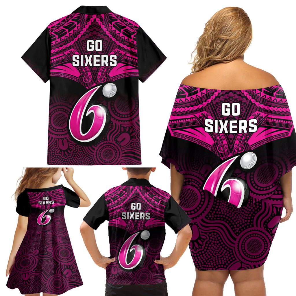 Sydney Sixers Cricket Family Matching Off Shoulder Short Dress and Hawaiian Shirt 2023 Unique Indigenous Art Mix Polynesian Pattern LT14