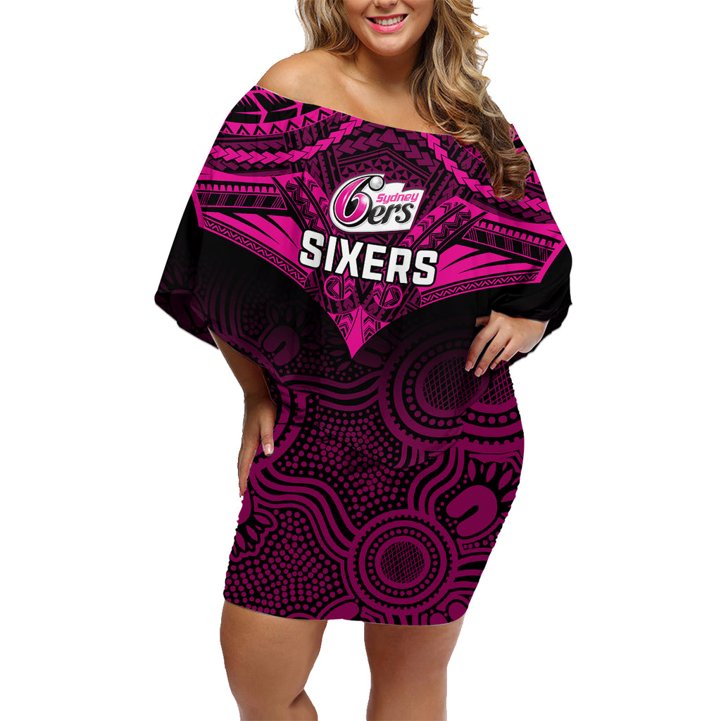 Sydney Sixers Cricket Family Matching Off Shoulder Short Dress and Hawaiian Shirt 2023 Unique Indigenous Art Mix Polynesian Pattern LT14