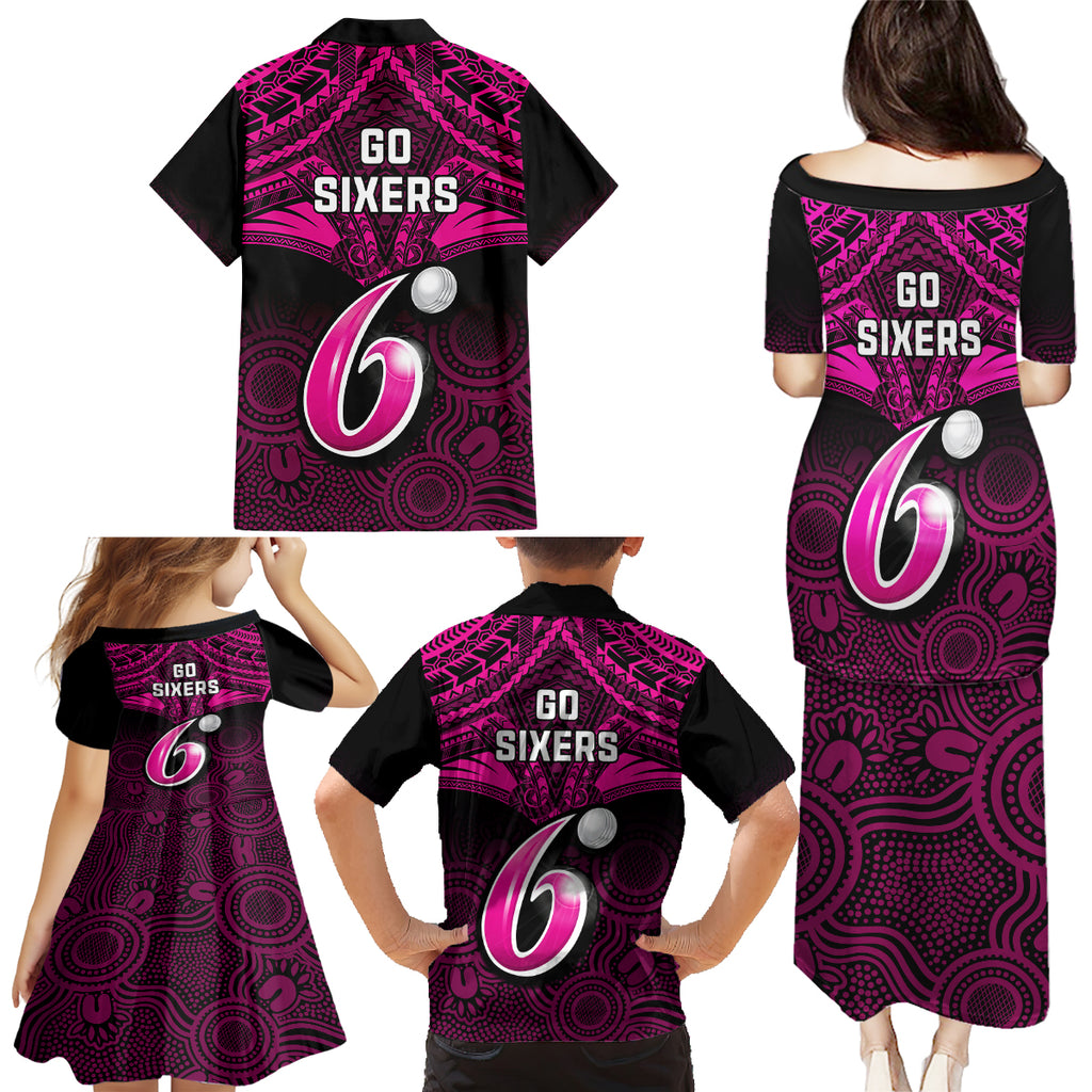 sydney-sixers-cricket-family-matching-puletasi-dress-and-hawaiian-shirt-2023-unique-indigenous-art-mix-polynesian-pattern